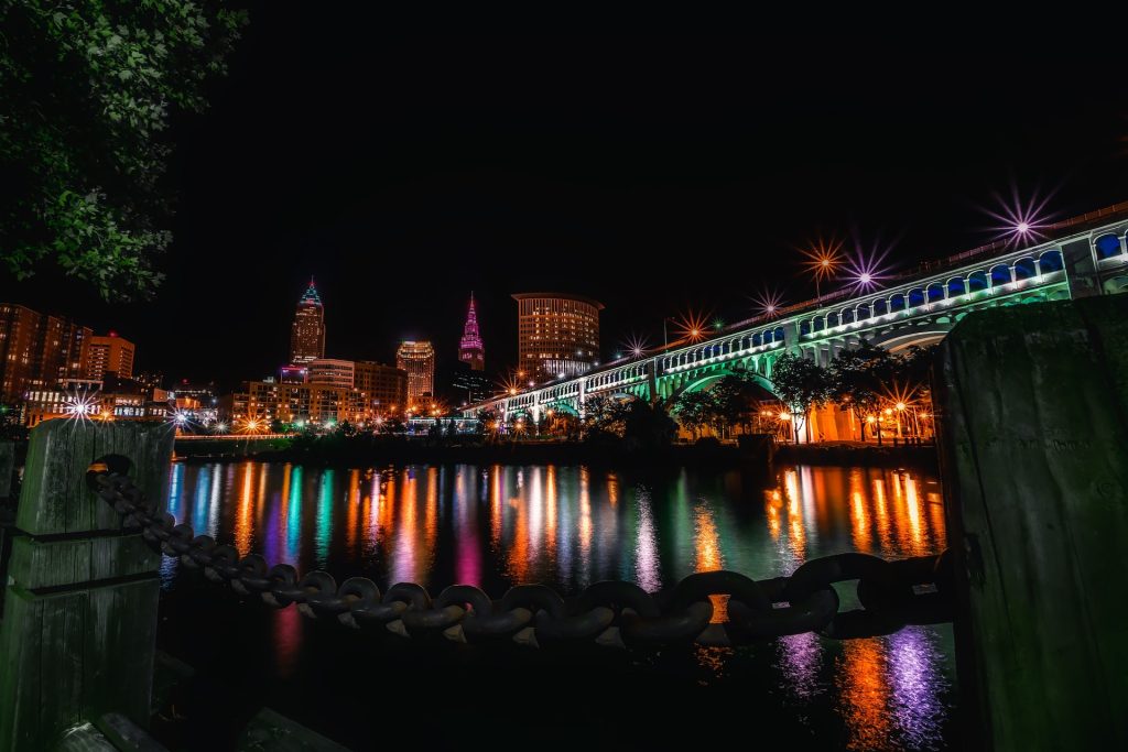 Cleveland skyline illuminated at night