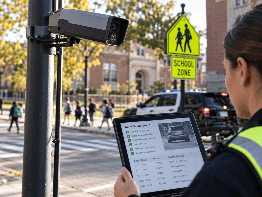 Automated license-plate reader near a school zone as a public-safety official reviews an ALPR search audit on a tablet.